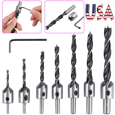 7Pcs HSS Wood Plug Cutter Countersink Drill Bit Set Woodworking Chamfer ...