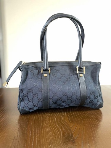 Gucci, Boston, Handbag, Logo Pattern, GG, Black, Canvas, Genuine leather, Zip