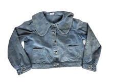 Cropped Denim Jacket Medium Checkerboard Oversized Peter Pan Collar Blue Vintage