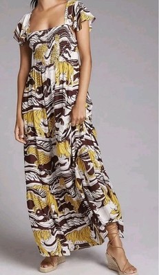 NEW Anthropologie Sun Maxi Dress Leopard Tiger Print Ruffle Sleeve Fairy Whimsy 