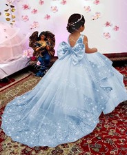 Sky Blue Princess Pageant Dress With Train Birthday Gown Kids Beaded Lace Flower