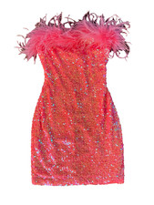EUC sequin Feathered coral hot Pink mini cocktail dress 1980s look retro Flapper
