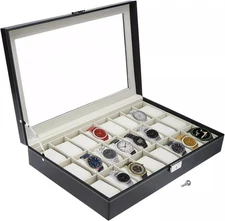 24Grid Slot Leather Jewelry Watch Box Lockable Display Case Organizer