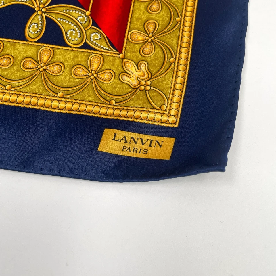 Pañuelo Lanvin Paris Cuadrado de Bolsillo 14" Dorado Azul Real Rojo Seda Para Hombres ¡EXCELENTE ESTADO USADO! Foto 2 de 4