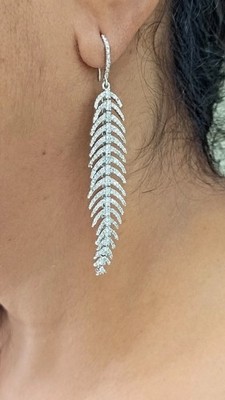 3Ct Natural Moissanite Feather Dangle Hook Earring 14k White Gold Plated