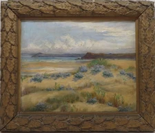 Early 20th Century Oil Painting BEACH SCENE in a lovely acanthus leaf gilt frame