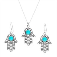 Silverly Silber Simulierte Turkis Hamsa Hand Ohrringe Halsketten Satz, 46 Cm