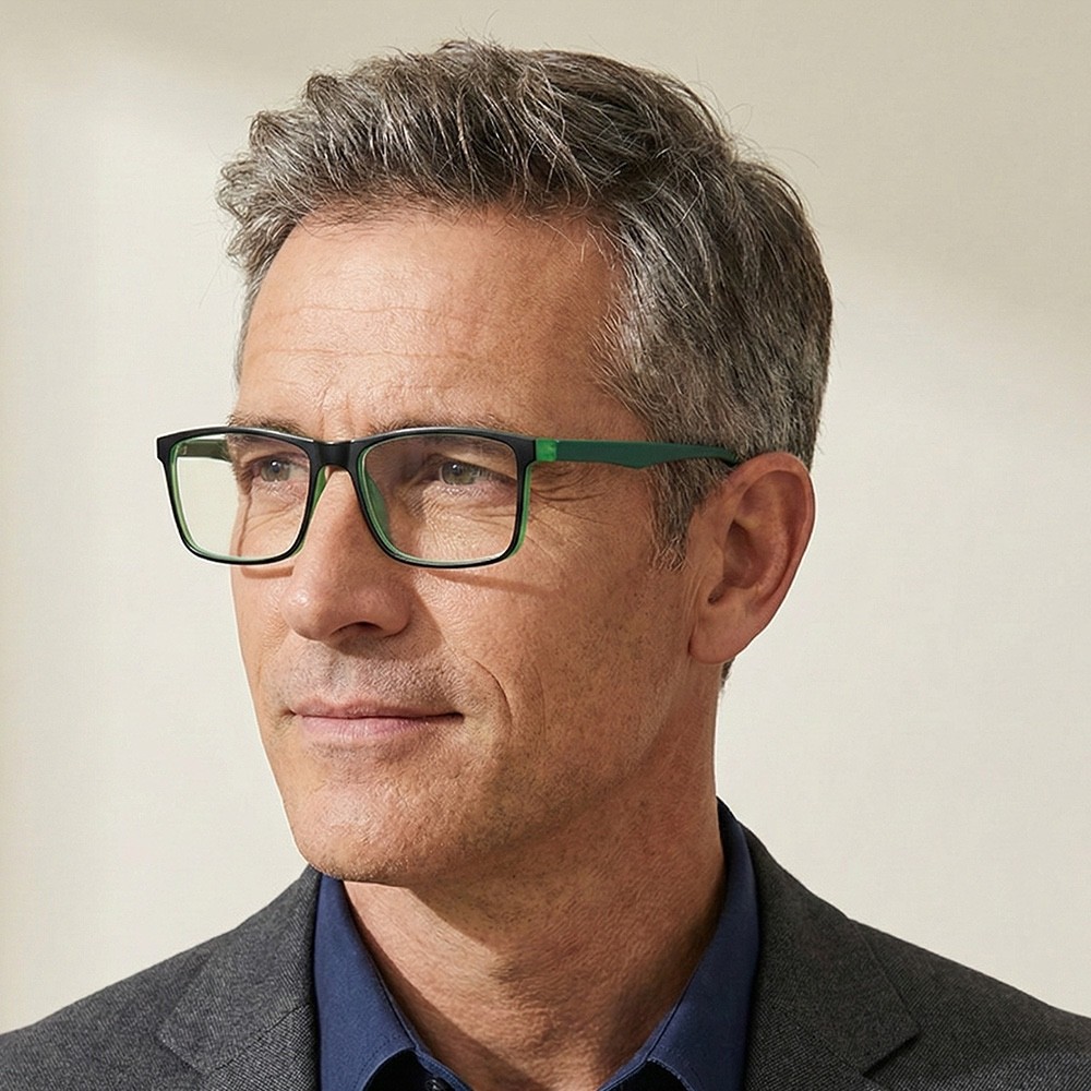 Rectangular anti-blue light reading glasses with flexible spring hinges and a two-tone frame design.