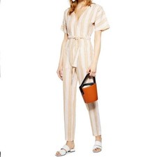 Topshop Women s White Butter Yellow Striped Jumpsuit Size 4 Cotton Linen Blend