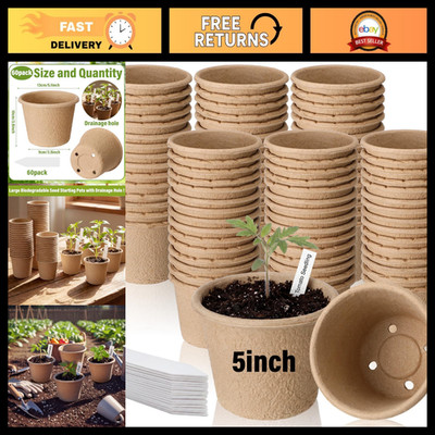 60 Pack 5'' Biodegradable Seed Starter Pots with Drainage - Eco-Friendly Planting
