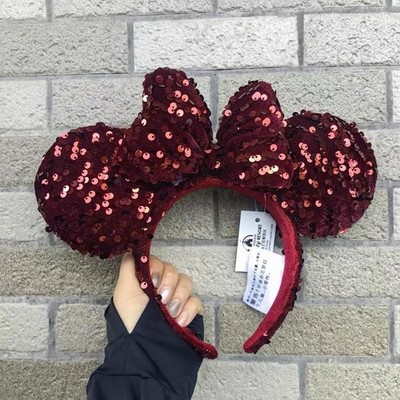 Disney Parks Dark Red Velour Sequin Minnie Ears Shanghai Disneyland Headband NWT $_12.JPG main image 4