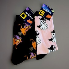 NWT Halloween Socks Lot 2 Pairs Women Crew Pink Ghost Black Cat Witch Spooky