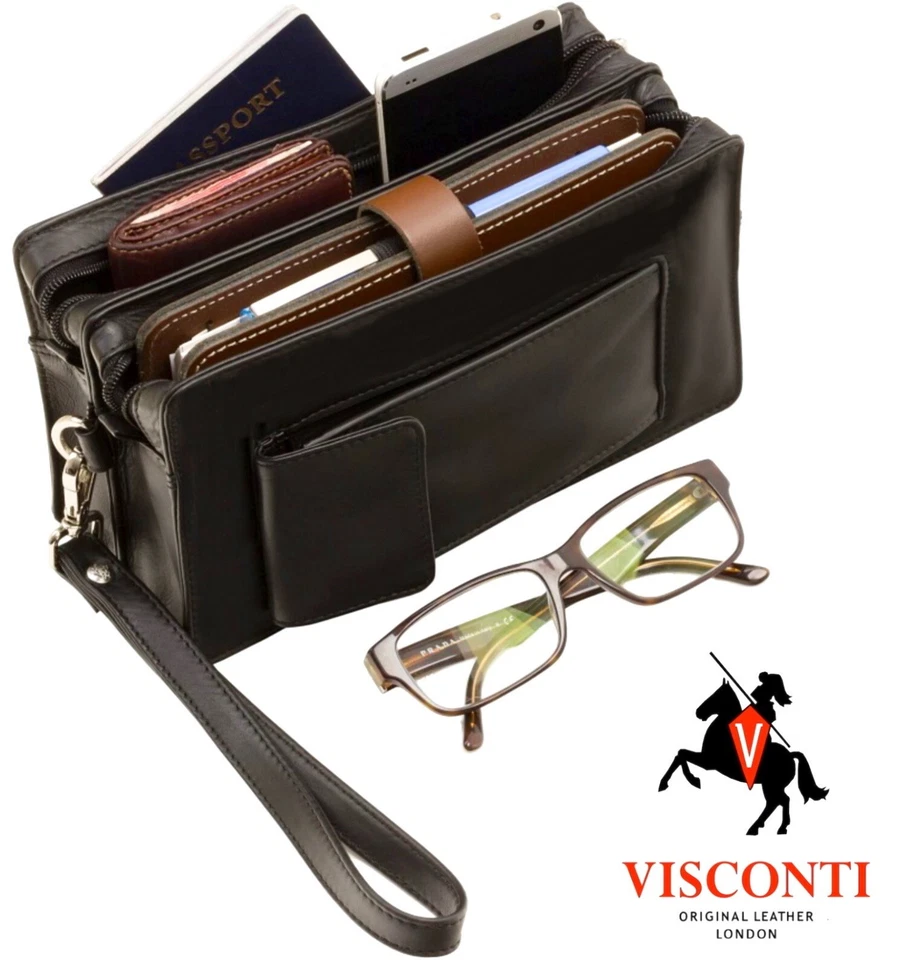 Mens Wrist Bag Travel Organiser Soft Real Leather Black or Brown Visconti New - Image 2 of 2