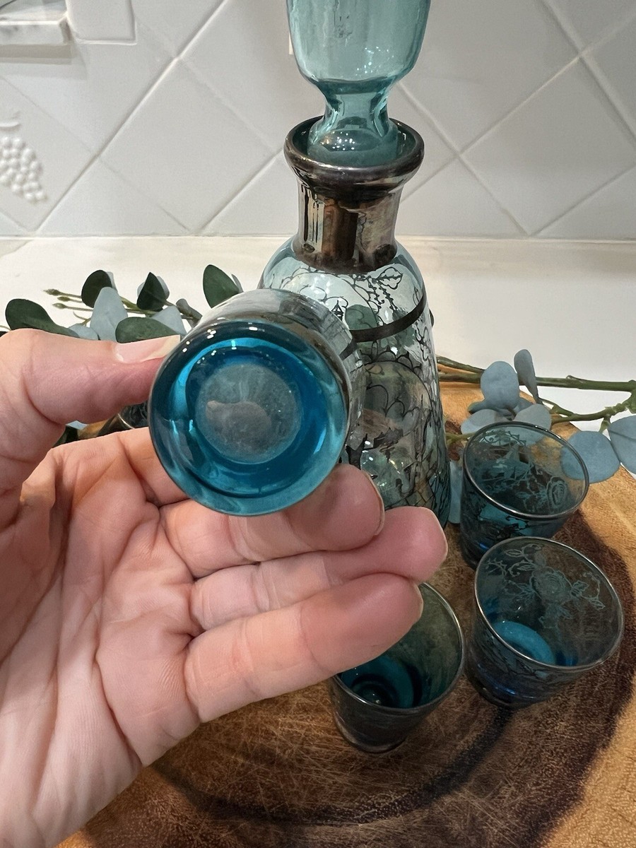 MCM Sterling Overlay Venice Scenes on Aqua Blue Glass Decanter w