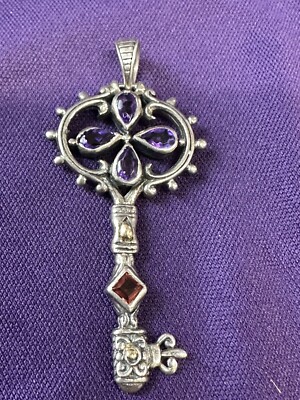 BJC Samuel Benham KEY PENDANT 925 Sterling & 18k  2  Amethyst Citrine 2  VTG
