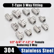 304 Stainless Steel Reducing Tee Fitting BSP Thread Female Connector 1/2"3/4"~2"