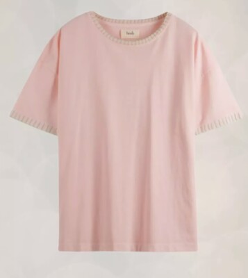 Ex HUSH Women s Contrast Stitch Cotton Boxy T-Shirt in Pink Green