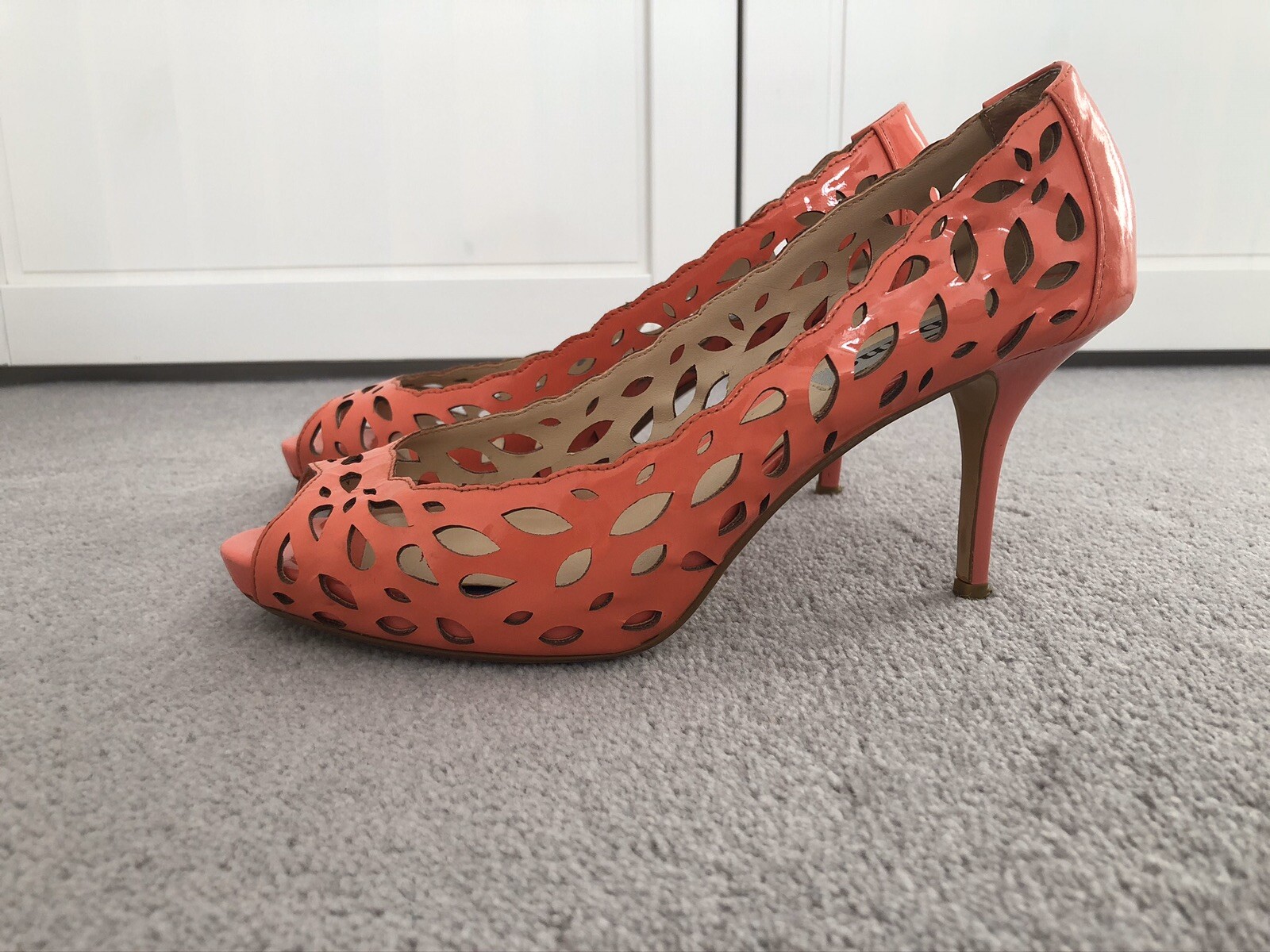 Dune Laser Cut Peep Toe Court Shoe Coral Patent Leather UK 5 EU 38 eBay