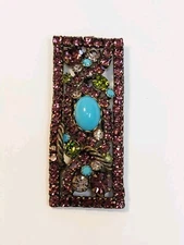 Vintage Alice Caviness Brooch Pendant Purple Green Rhinestone Turquoise Cabachon