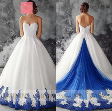White Tulle Blue Lace Applique Strapless Floor Length Lace-Up Back Wedding