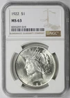 1922 Peace Dollar $1 MS 63 NGC