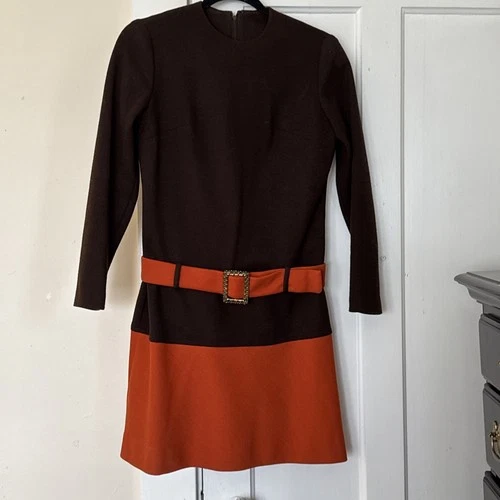 Vintage Mod 60’s 70’s Go Go Dk Brown Orange Knit Belted Mini Dress Union Label