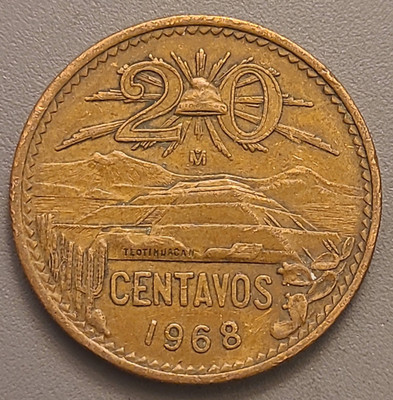 1968 Mo Mexico 20 Centavos Coin - Bronze - Teotihuacan Pyramid