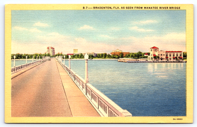 #ad VINTAGE POSTCARD MANATEE RIVER BRIDGE ROAD CAR BUILDINGS BRADENTON FLORIDA $7.99