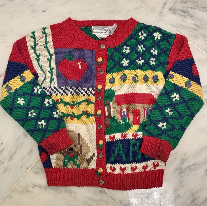 Vintage Eagle's Eye Girl’s Colorful Schoolhouse Hand Knit Cardigan Sweater 5/6