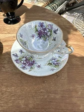 Vintage Del Mar Japan painted pedestal tea cup Saucer Violets Lusterware. 24k