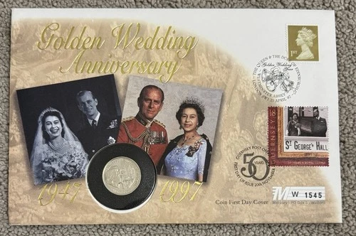 1997 Guernsey £1 Coin In FDC. QEII Golden Wedding. One Definitive Stamp. 1545