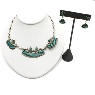 Zuni Signed Sterling Turquoise Needle Point Necklace Earrings Lot of 2 #S4592 3