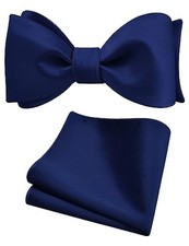 Mens Solid Color Bowties Self Tie Bow Tie Handkerchief for Men Satin Navy Blue