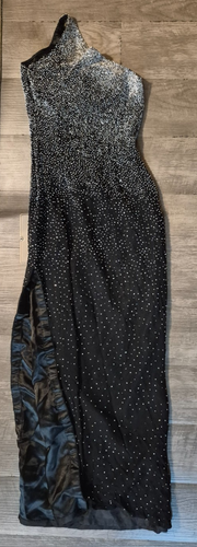 SCALA Silk Beaded Sequin Maxi Gown S One Shoulder Dress Cut Out Back Black VTG - Afbeelding 5 van 8
