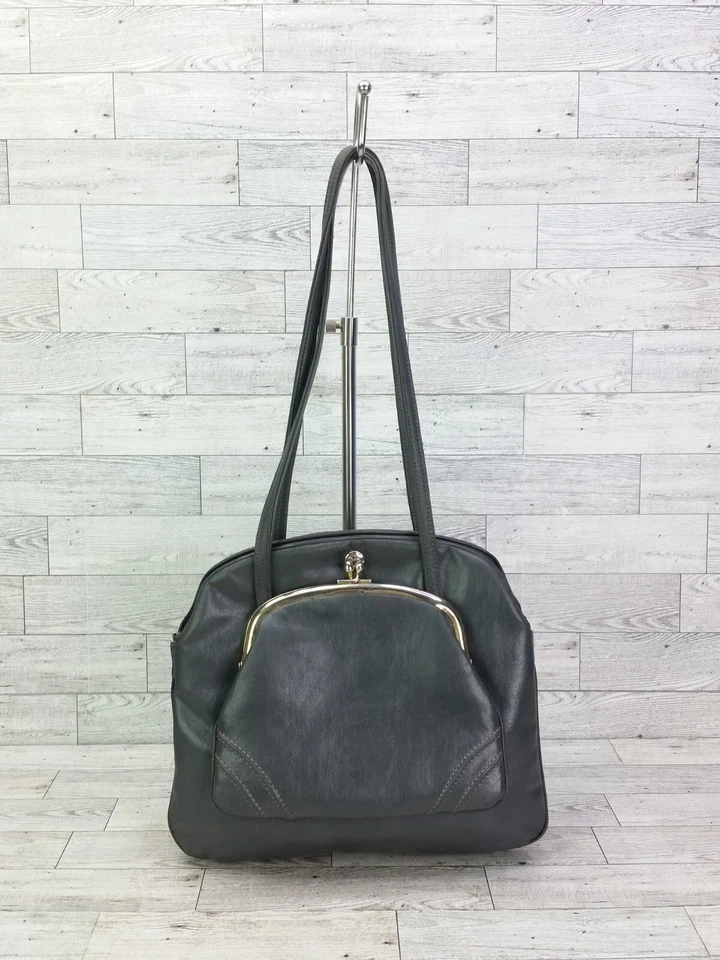 Bolso de hombro vintage gris Kisslock bolso de mano charol vinilo gris años 50 cartera Foto 2 de 4