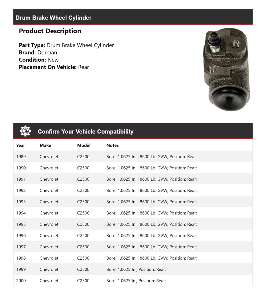 Cilindro de rueda de freno de tambor trasero 1990 1991 para Chevrolet C2500 Dorman 1989-2000 Foto 2 de 4