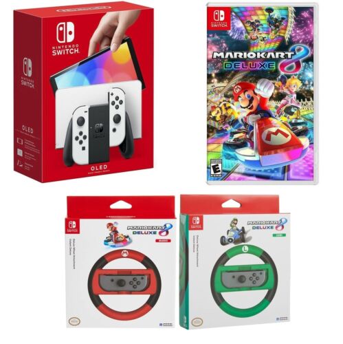 Nintendo Switch OLED White Console Bundle w/ Mario Kart 8 Deluxe & 2 Wheels NEW - Picture 1 of 5