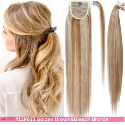 Lang Clip In Remy Echthaar Pferdeschwanz Ponytail Extensions Zopf Haarteil BLOND