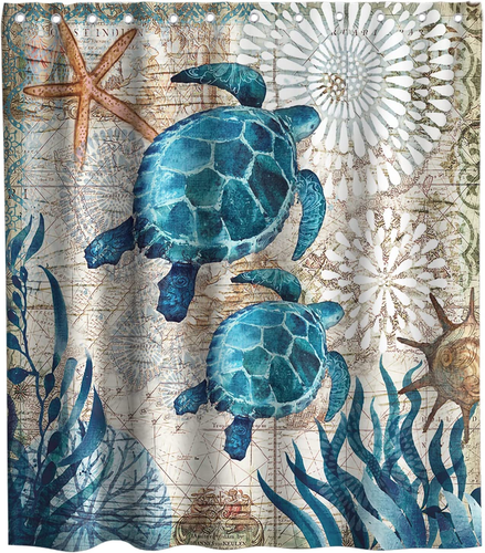 Nautical Green Sea Turtles Beach Theme Fabric Shower Curtain Sets Bathroom Bl...