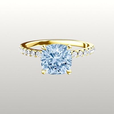 Fancy Vivid Blue 2,75 ct Cushion Lab Grown Diamond Ehering 18 K Gelbgold