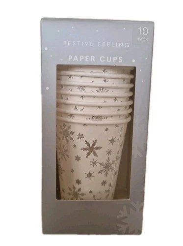 Festive Feeling Christmas Paper Party Cups 10pk Snowflakes Silver & White Boxed