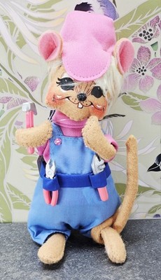 Annalee Ms Fix It Mouse Girl w/ Tags - Handy Mouse Pink & Denim Overalls Tools