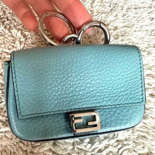FENDI Nano Baguette Key Charm Blue Cuoio Romano Leather Card Case Bag Authentic