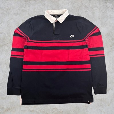 Nike Rugby Shirt L Longsleeve Poloshirt Herren Langarm Navy Blau Rot