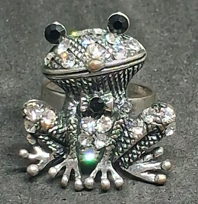 Silver Tone Rhinestone Frog Adjustable Statement … - image 2