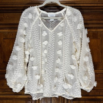 Calypso St. Barth Blouse Womens M Ivory Sheer Tassel Pom Pom Boho Tunic NWT