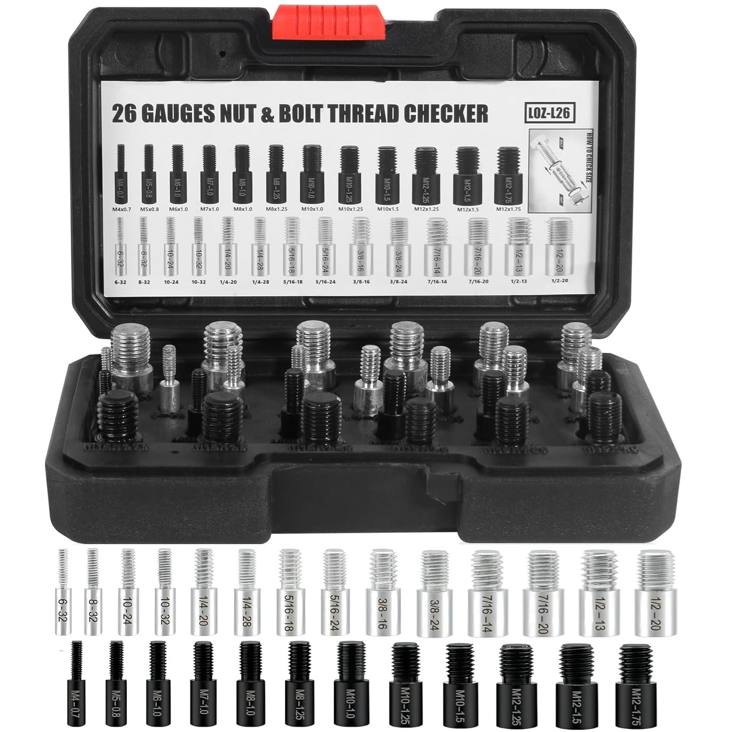 Nut and Bolt Thread Checker - 26 Gauges (14 Inch & 12 Metric) - 26-Piece Set