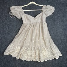 Olivaceous Pinstripe Eyelet Mini Dress Tan White Puff Sleeve Sweetheart L NWT