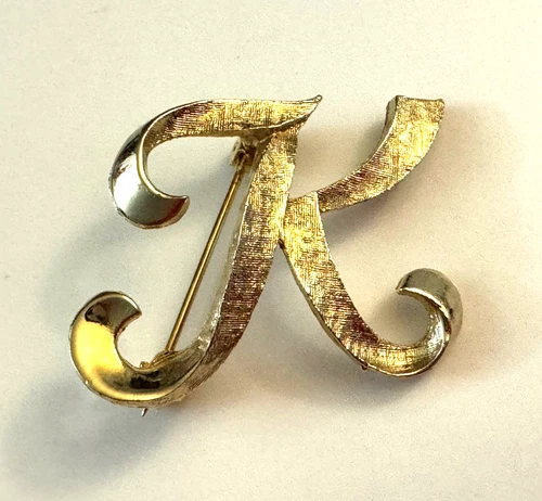 Vintage Textured Gold Tone Initial Letter K Brooch Pin Costume Jewelry Estate