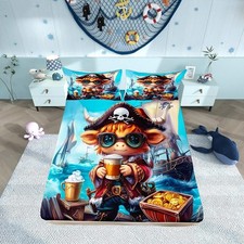 Pirate Cattle Fitted Sheet Twin Size Kids Cartoon Highland Cow Animal Bedding...